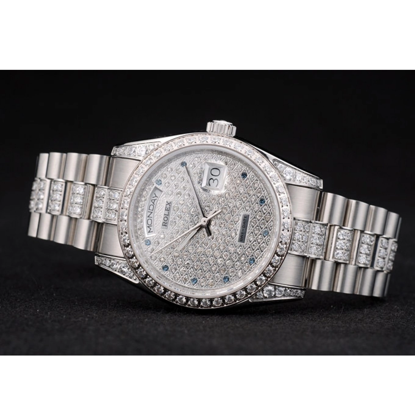 Aaa fake watches 41986 Plated Dial Rolex Plated Diamond Diamond Steel Stainless DayDate Bracelet 0728